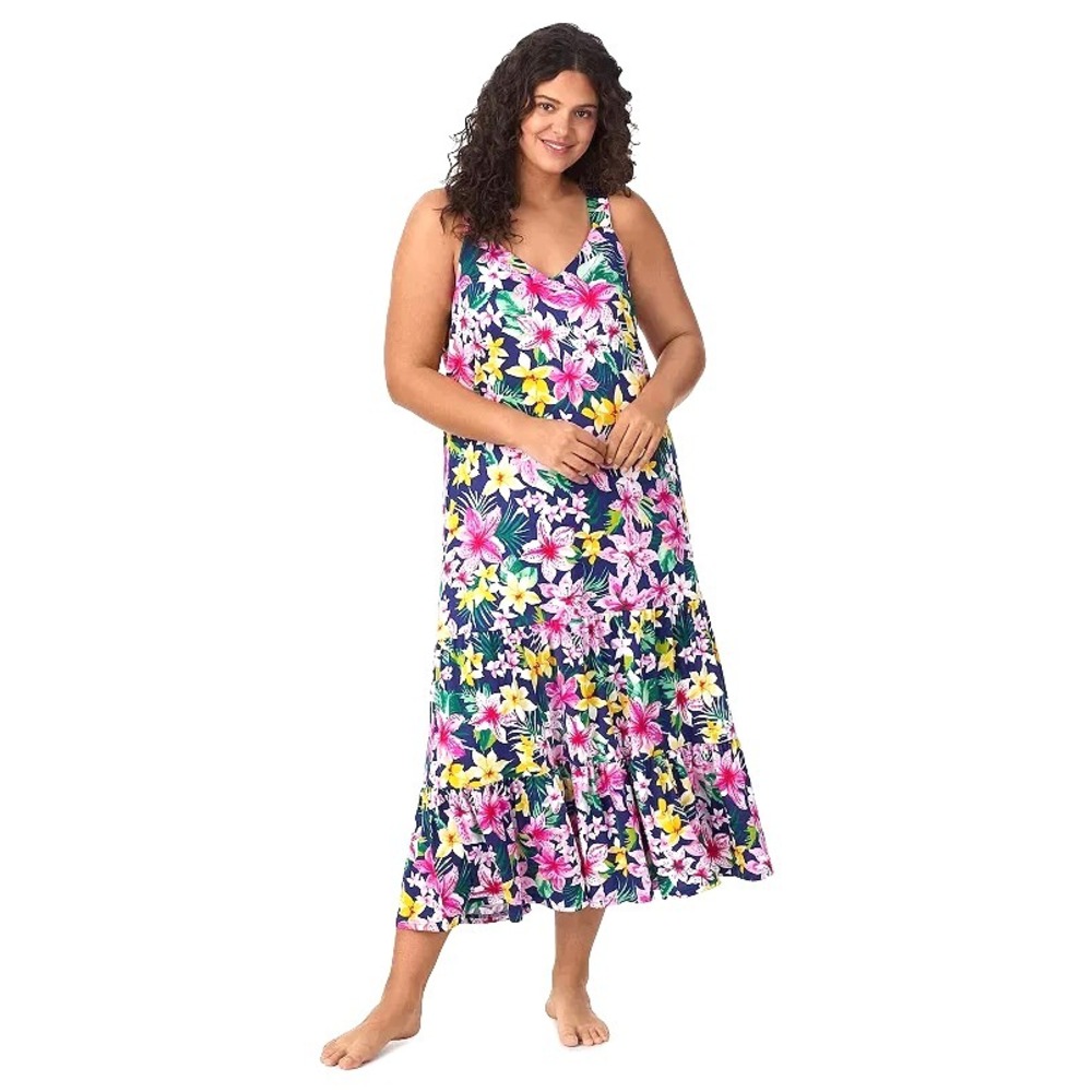 Cuddl Duds Flexwear‎ Tiered Maxi Dress Nightgown Women's XXL Tropical Floral NEW